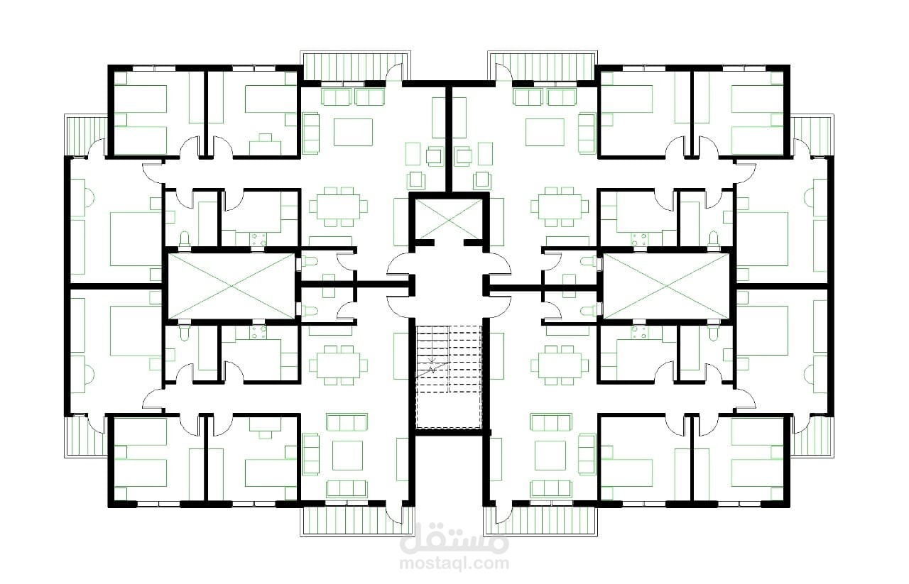 تصميم مسقط الدور الثاني لمنزل مكون من 4 شقق