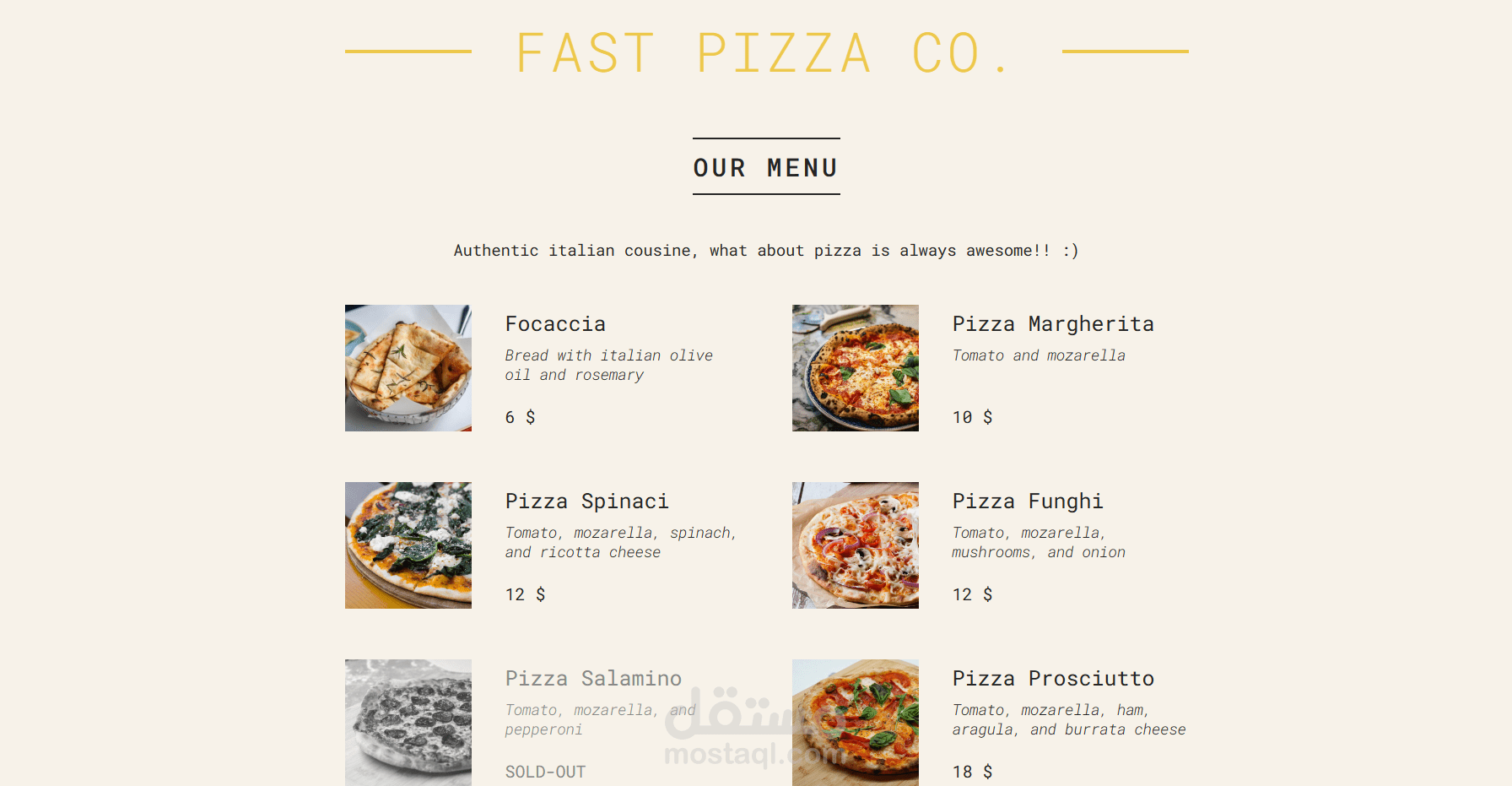 Pizza resturant menu