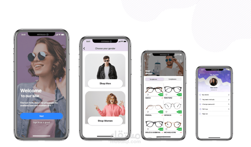 تصميم واجهة المستخدم  UI/UX  لتطبيق متجر بيع نظارات ايفون و اندرويد