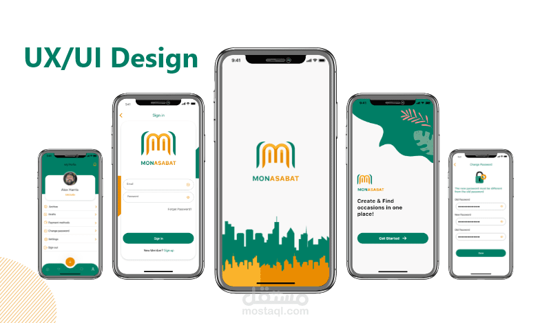 تصميم واجهة المستخدم UI/UX لتطبيق موبايل خاص بالمناسبات لأجهزة الايفون والاندرويد