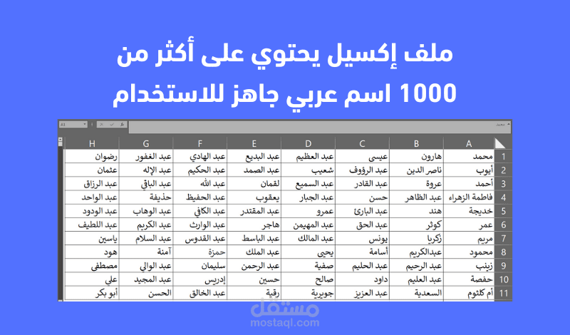 ملف إكسيل يحتوي على أكثر من 1000 اسم عربي جاهز للاستخدام