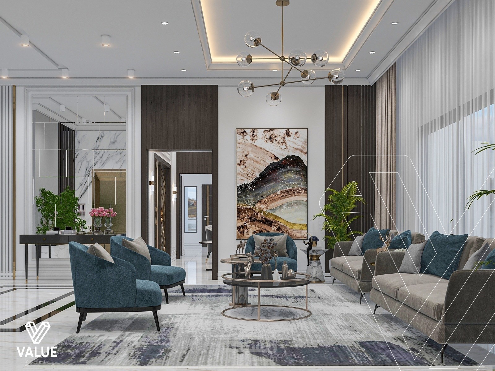 تصميم ( نيو كلاسيك ) لمنطقة الصالة وجلسة الاستقبال لفيلا بالامارات