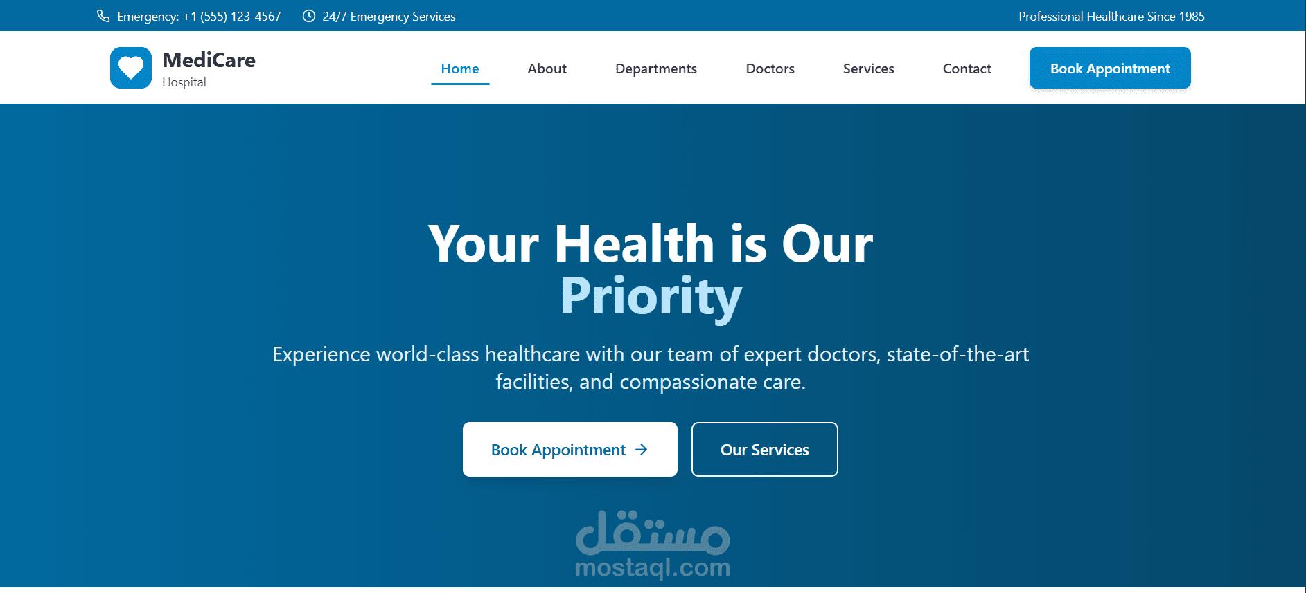 تطوير موقع إلكتروني احترافي لمستشفى باستخدام ووردبريس وElementor مع دعم للحجوزات الإلكترونية والأداء العالي