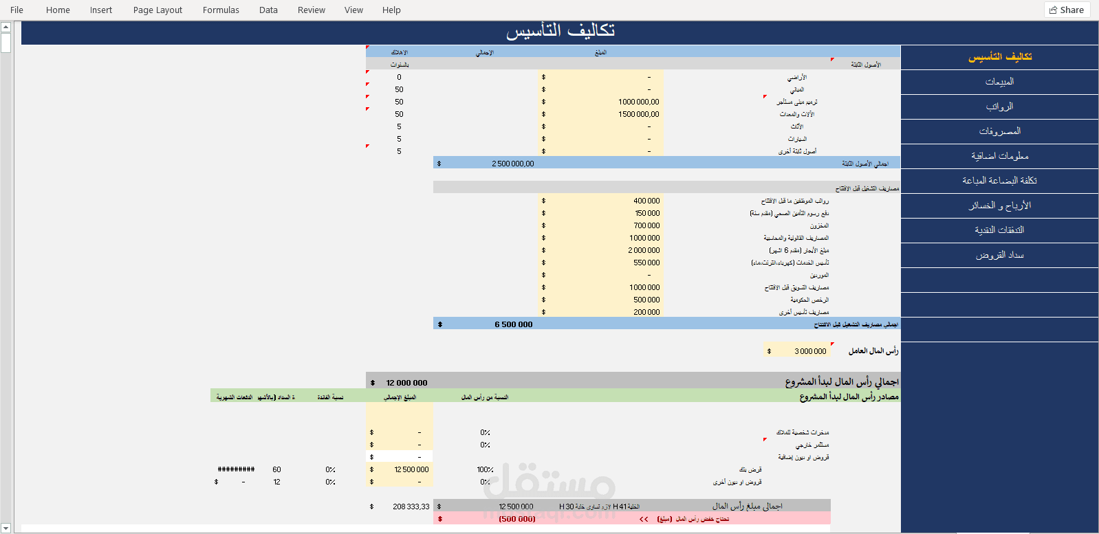دراسة جدوى اقتصادية مالية شاملة لمدة 3 سنوات EXCEL