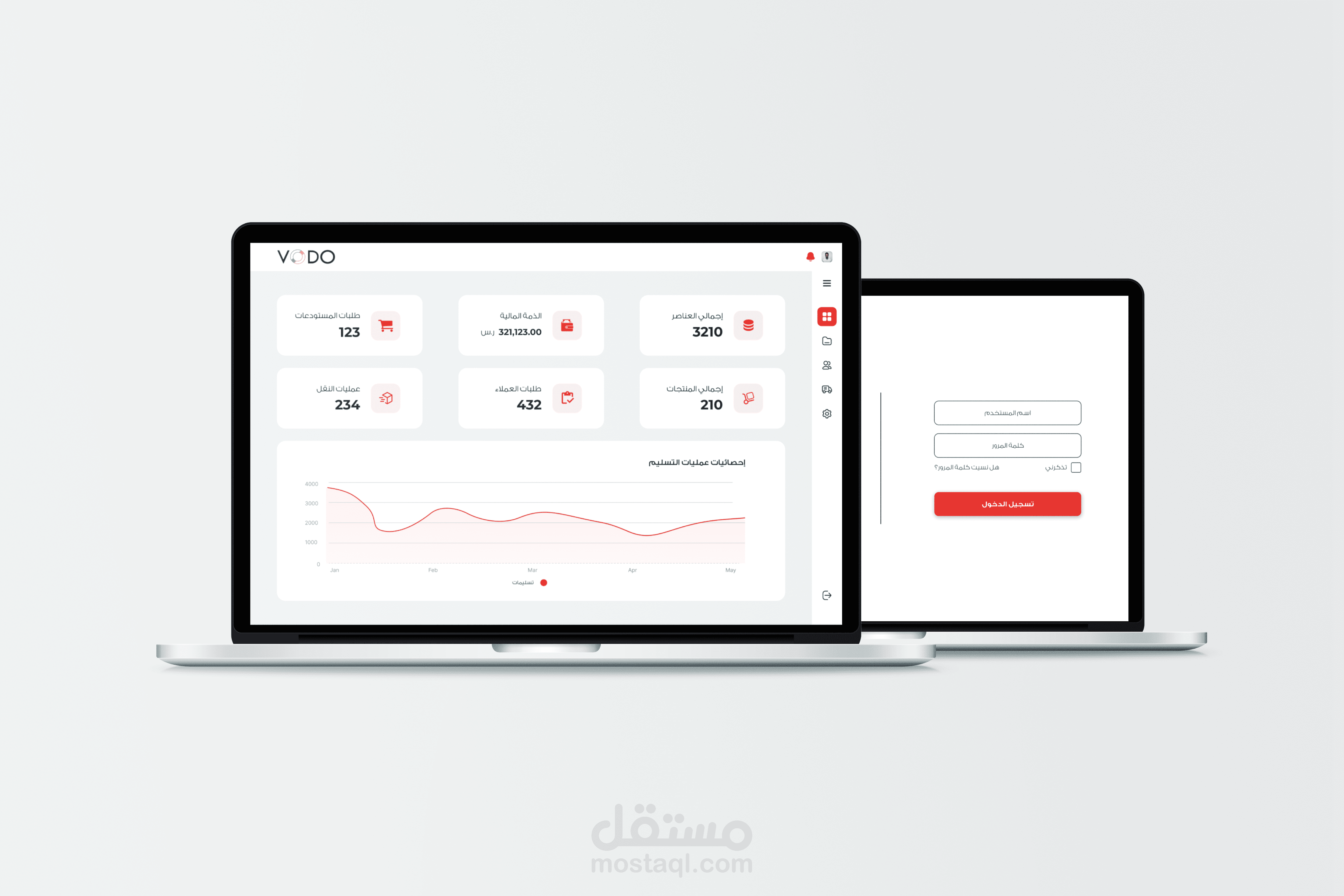 واجهة مستخدم لنظام إدارة الموارد (ERP System) لشركة VODO
