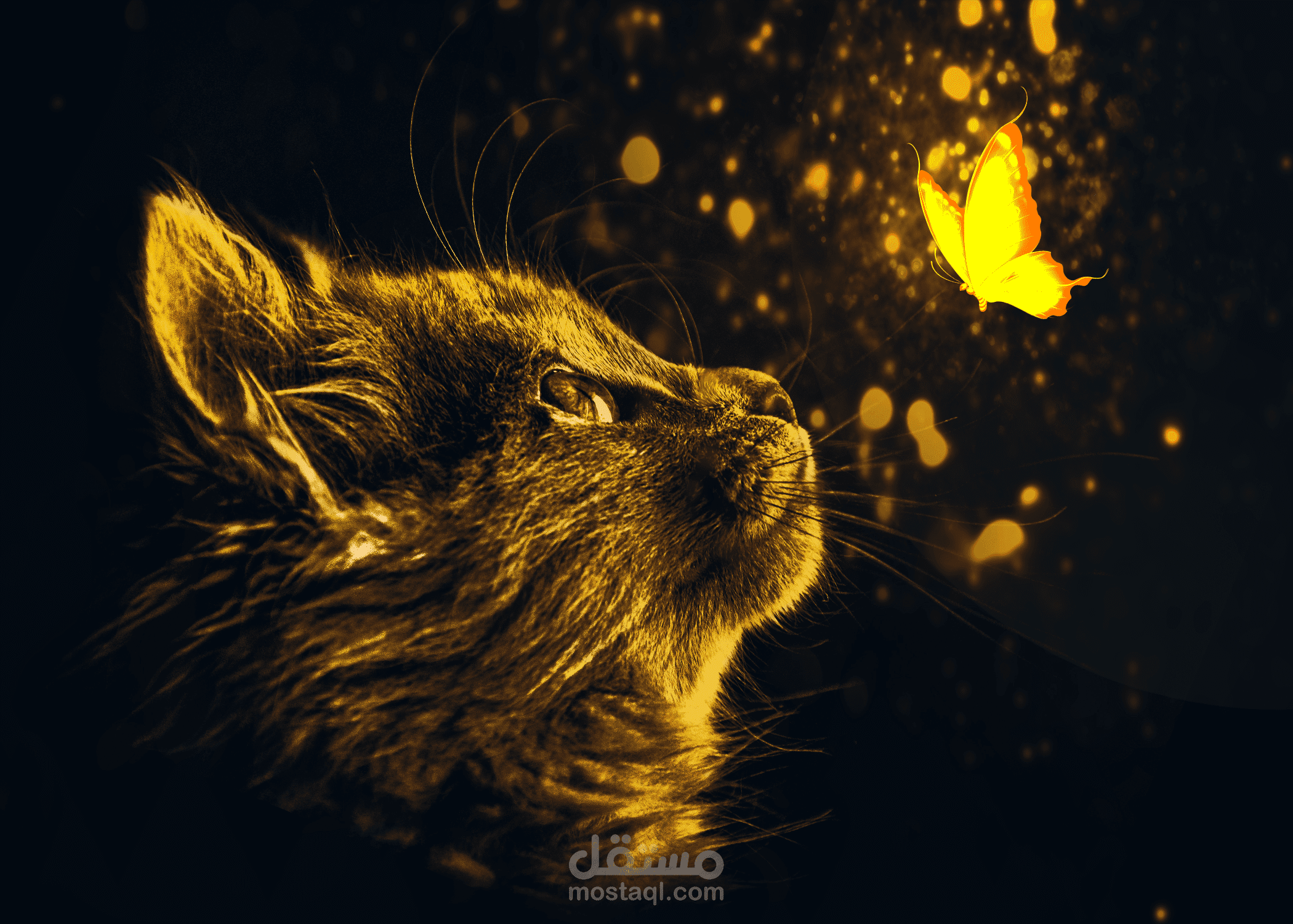 cat with butterfly in the dark