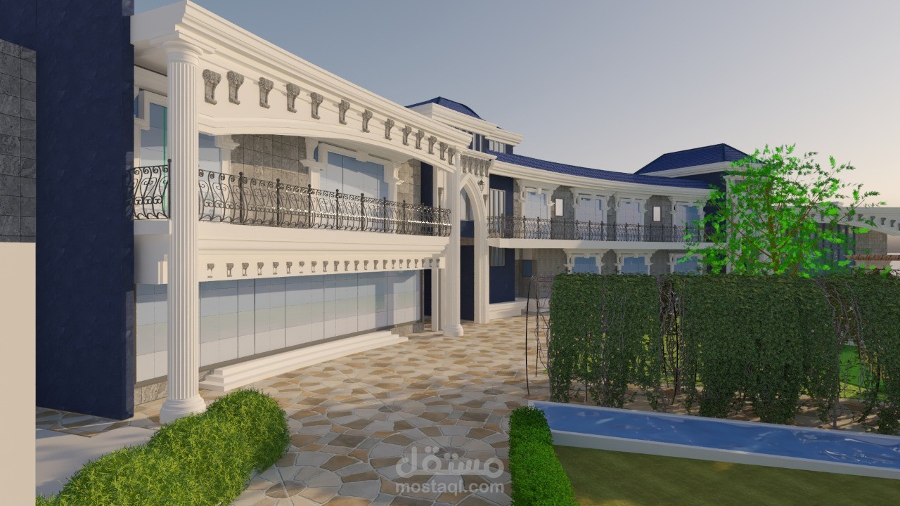 تصميم خارجي لفيلا كلاسيك مع لاند اسكيب