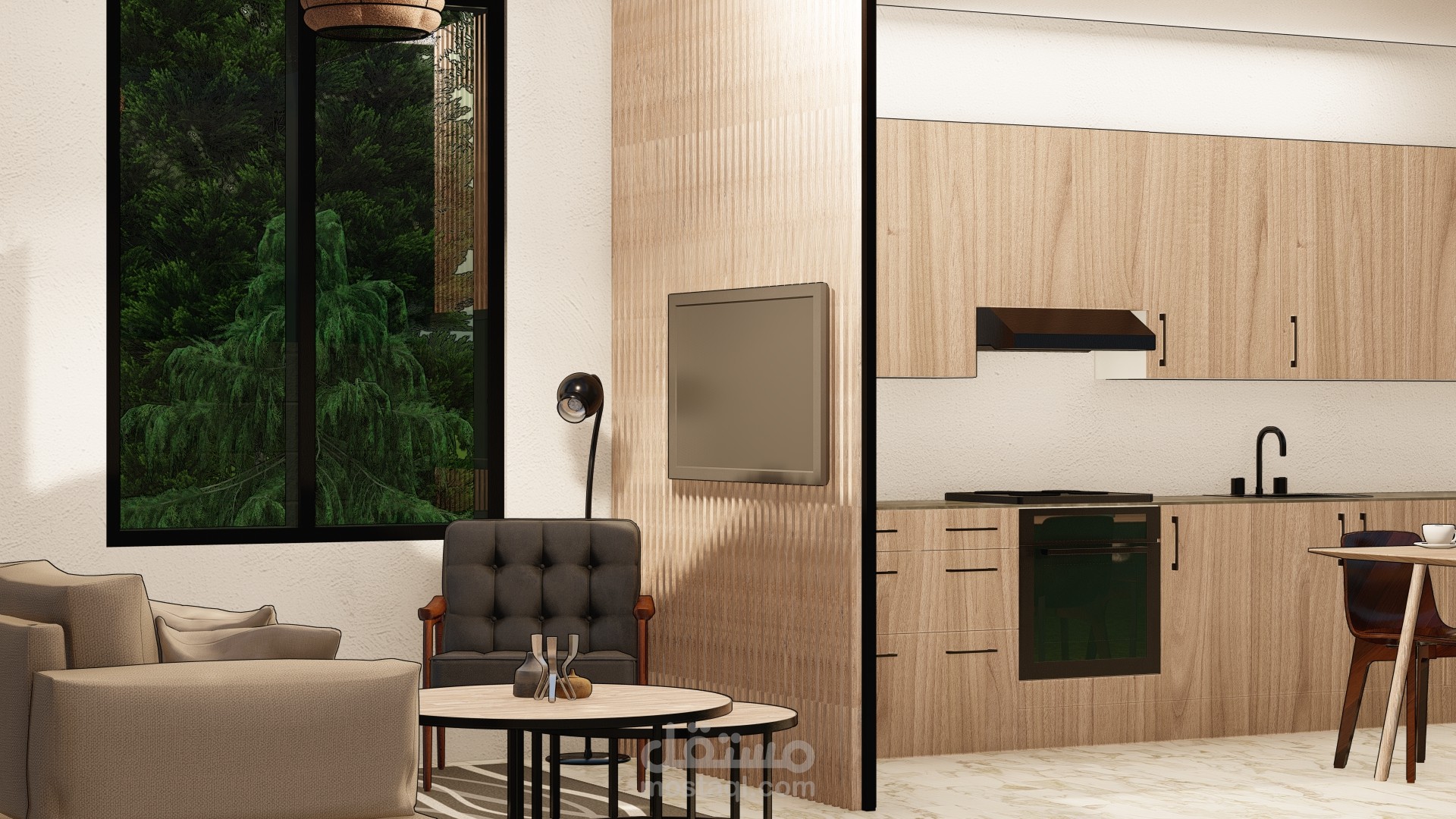 تصميم معيشة ومطبخ لاستديو