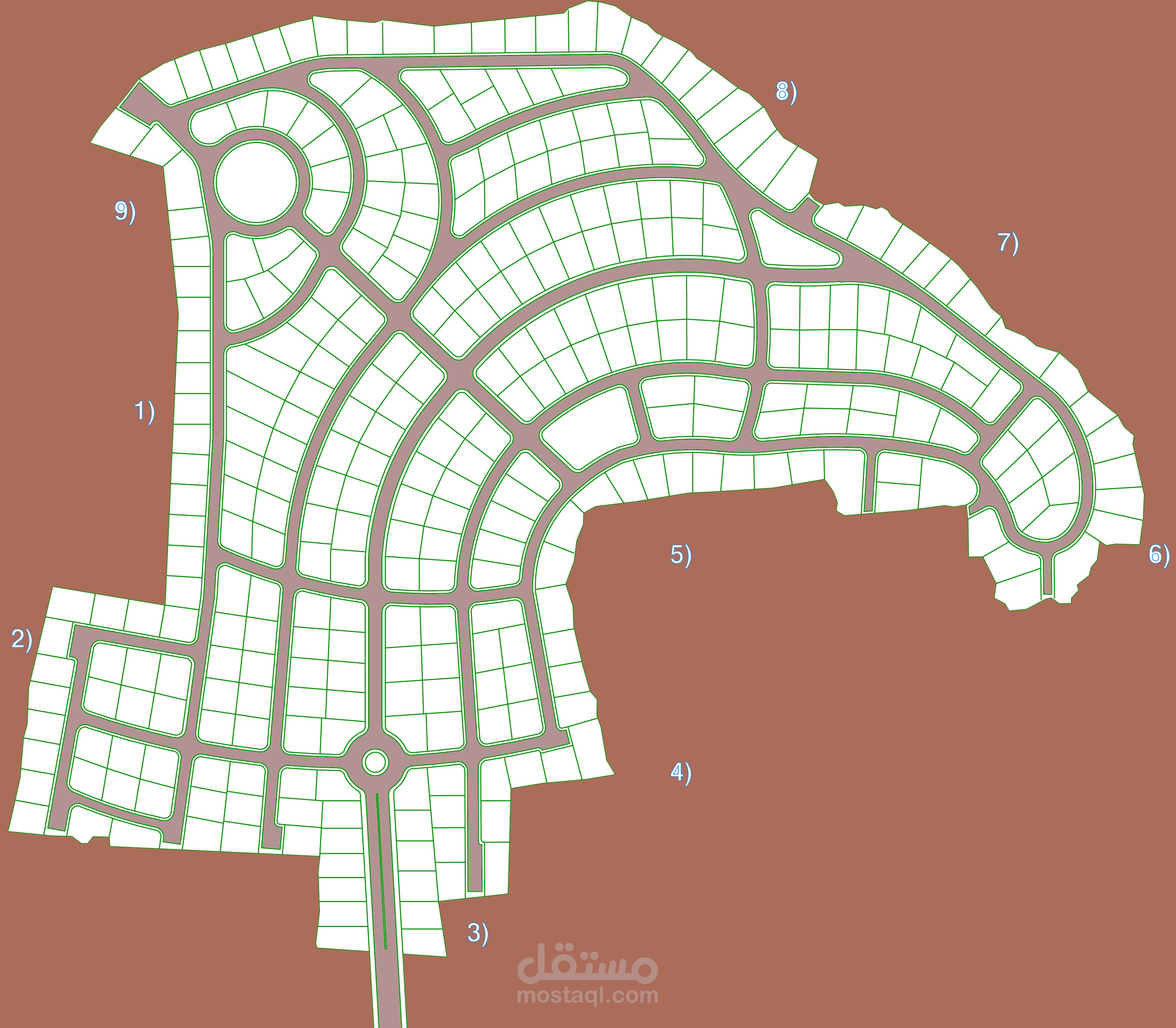 العمل التخطيطي : تقسيم أرض الى عدة زونات وكل زون الى 6-10 قطع