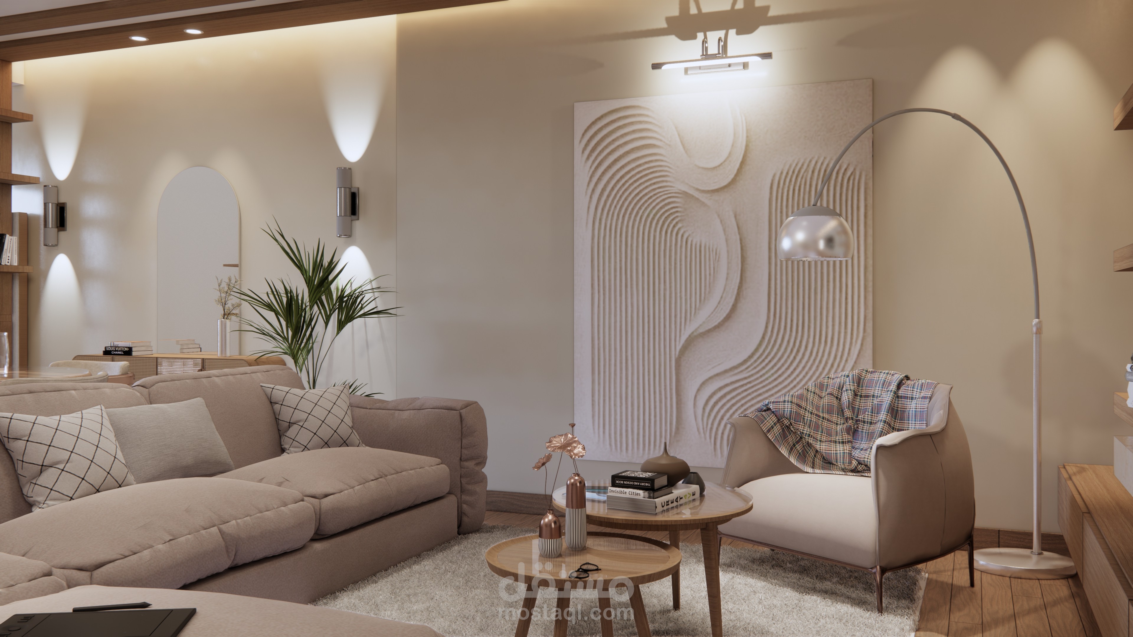 غرفة معيشة مع مطبخ مفتوح