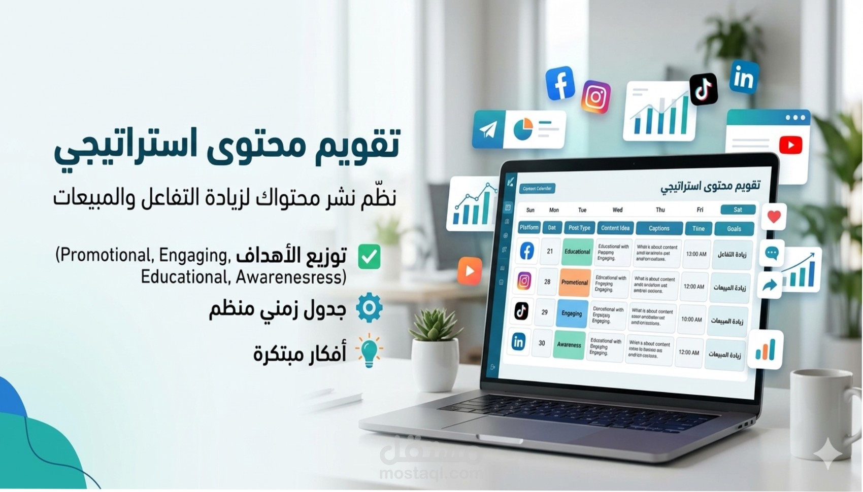 تصميم وإعداد تقويم محتوى (Content Calendar) احترافي ومنظم لإدارة منصات التواصل الاجتماعي