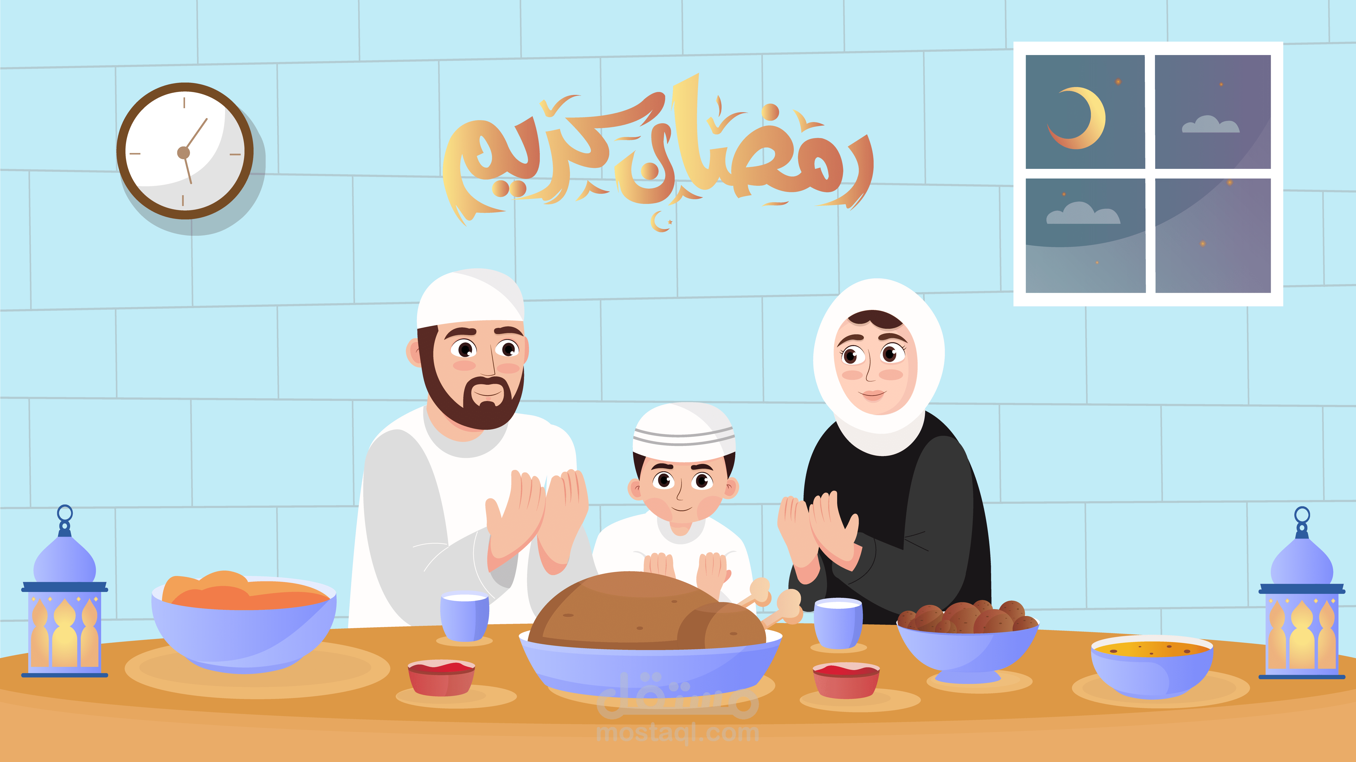 احد مشاهد الموشن جرافيك  لعائلة على مائدة الافطار