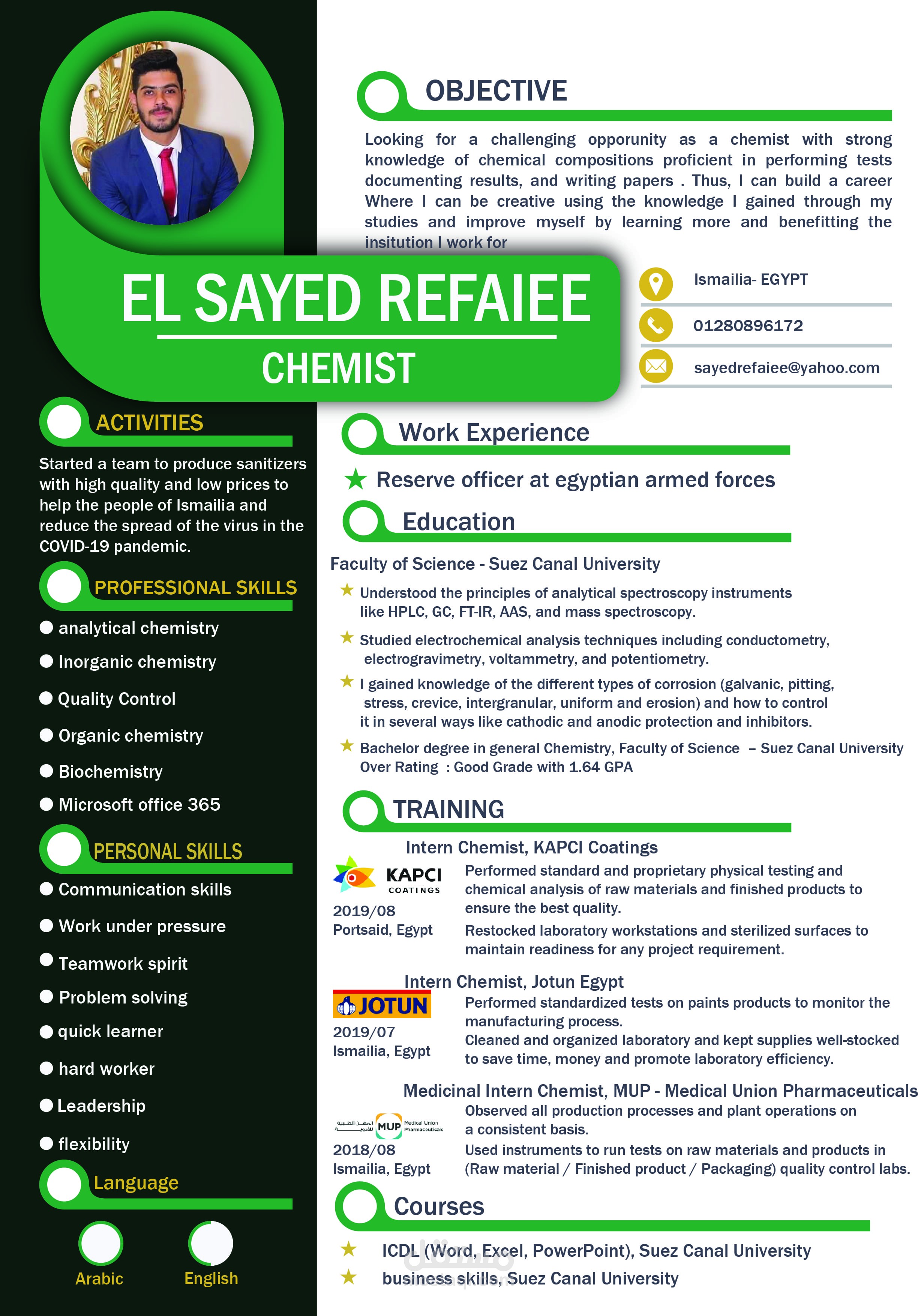 تصميم سيرة ذاتية  CV لكيميائي