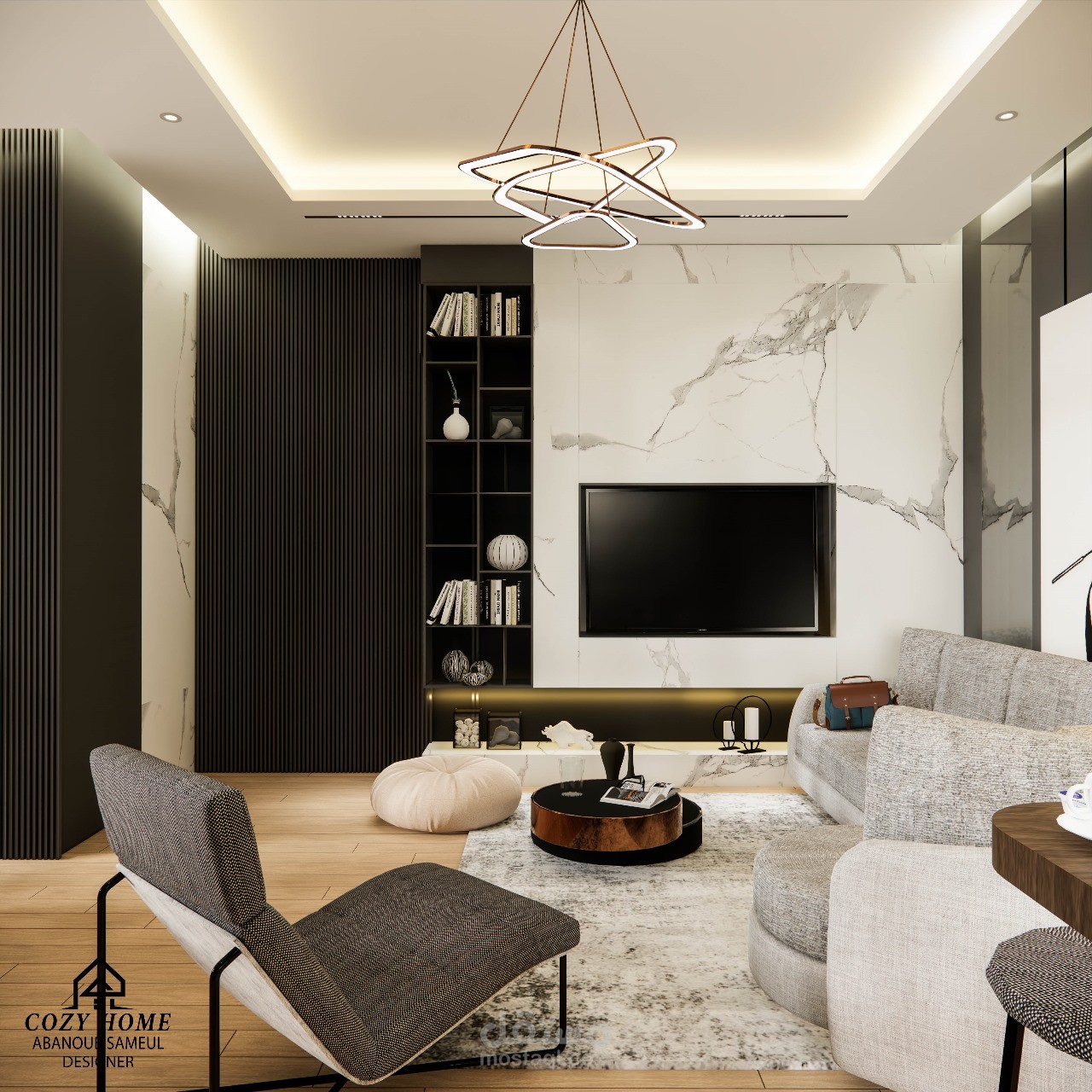 تصميم معاصر لمساحات المعيشة والطعام والمطبخ