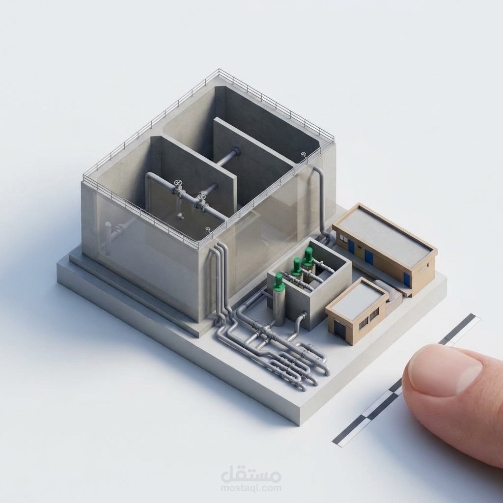 تصميم ونمذجة ثلاثية الأبعاد لخزان مياه خرساني وشبكة ضخ وتوزيع (Water Reservoir & Pumping Station Design)