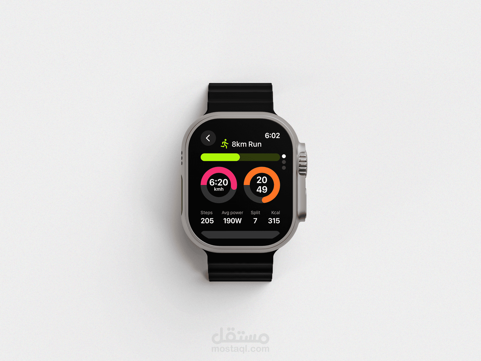 Smartwatch running app interface with stats | واجهة تطبيق الركض على الساعة الذكية مع الإحصائيات