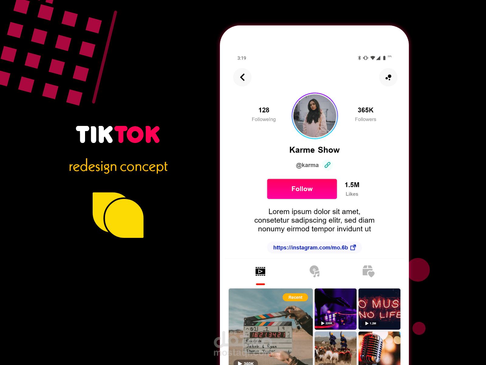 اعادة تصميم لصفحة الحساب الخاص (Profile Page) بتطبيق TikTok الشهير