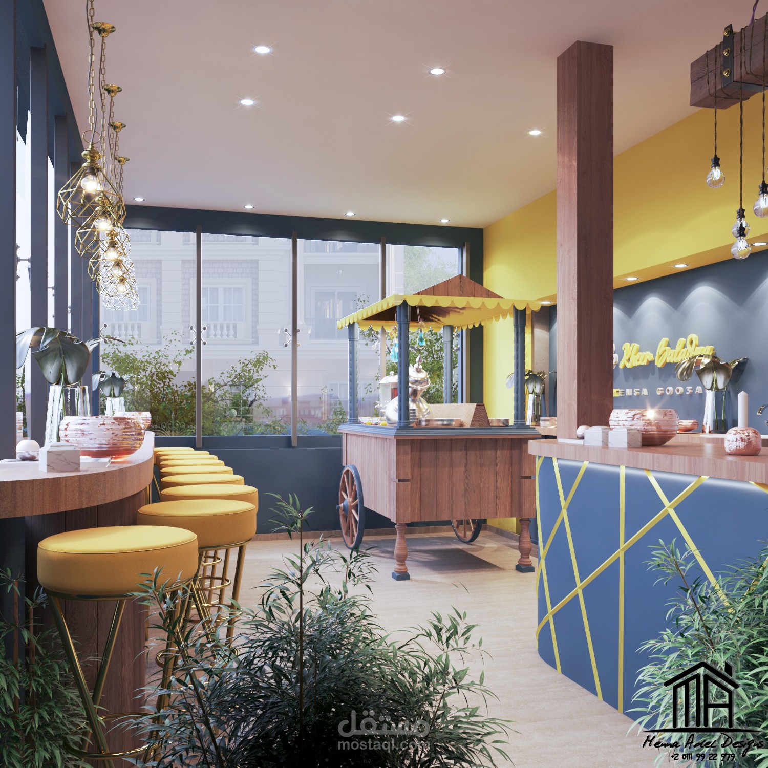 تصميم داخلي و خارجي لمطعم أكلات شعبية بشكل عصري