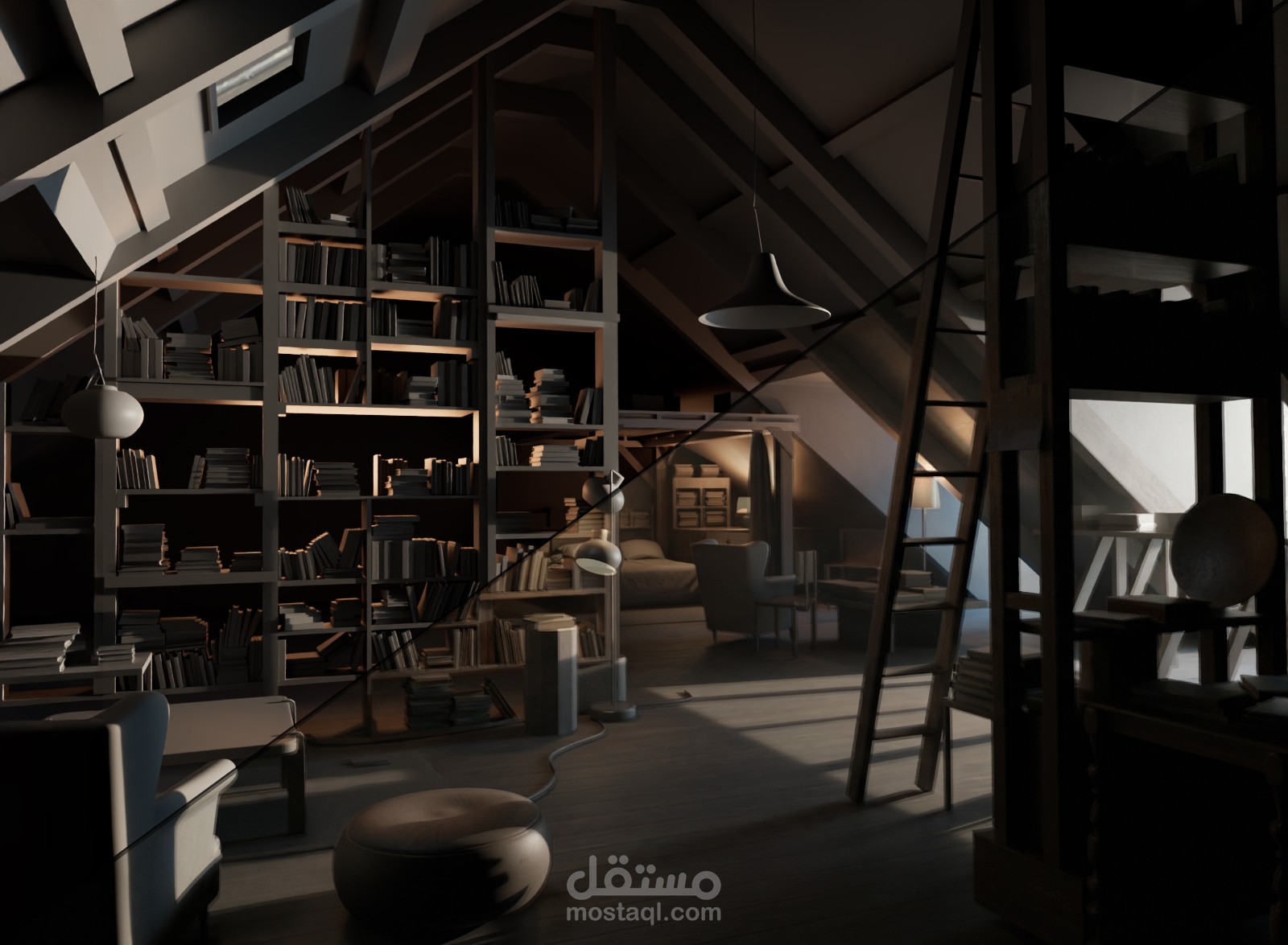 تصميم مشهد داخلي ثلاثي الأبعاد مستوحى من مسلسل Moon Knight مع مطابقة دقيقة للمشهد