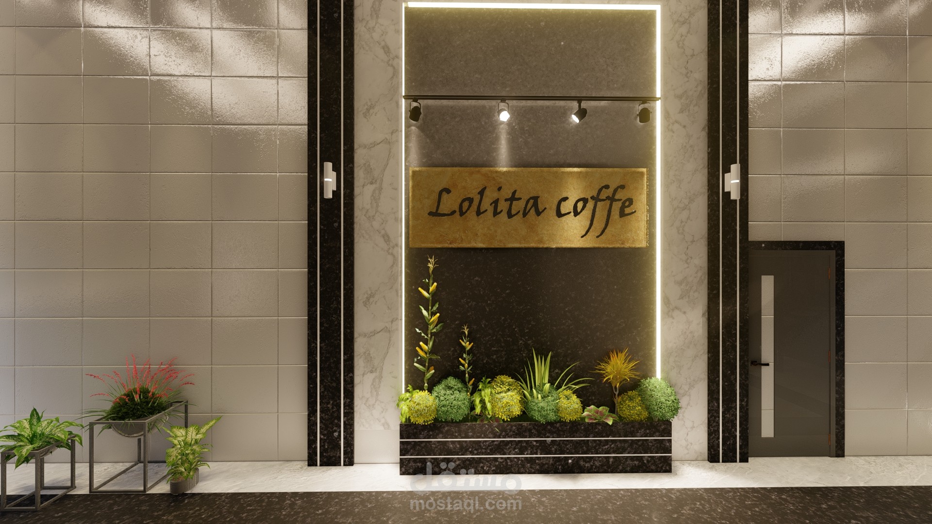 تصميم داخلي لمدخل مول وكوفي شوب.