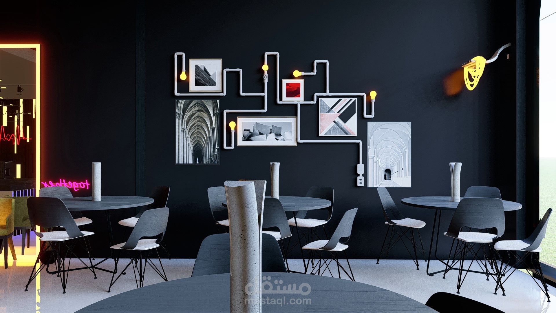 تصميم داخلي لكوفي شوب LED على الطراز الصناعي
