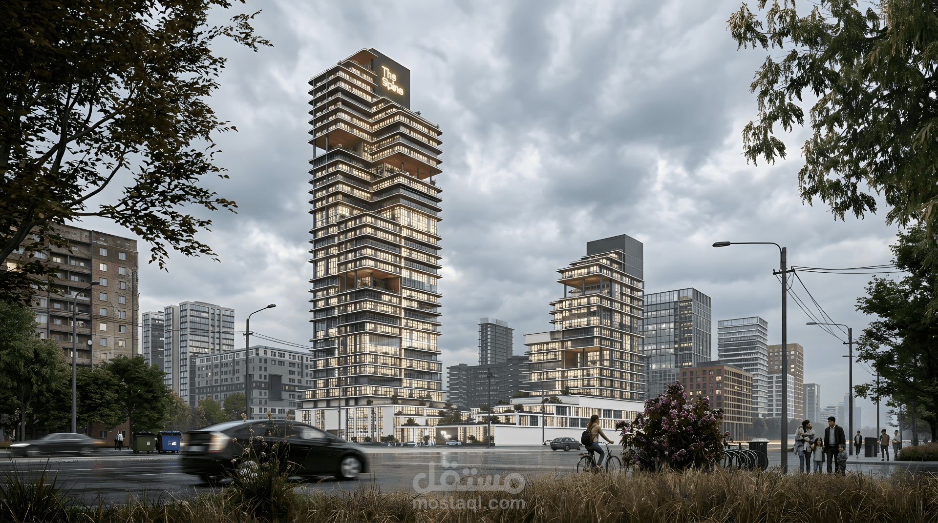 تصميم و اظهار معماري لبرج تجاري سكني مطل على البحر في مدينة العلمين الجديدة في مصر