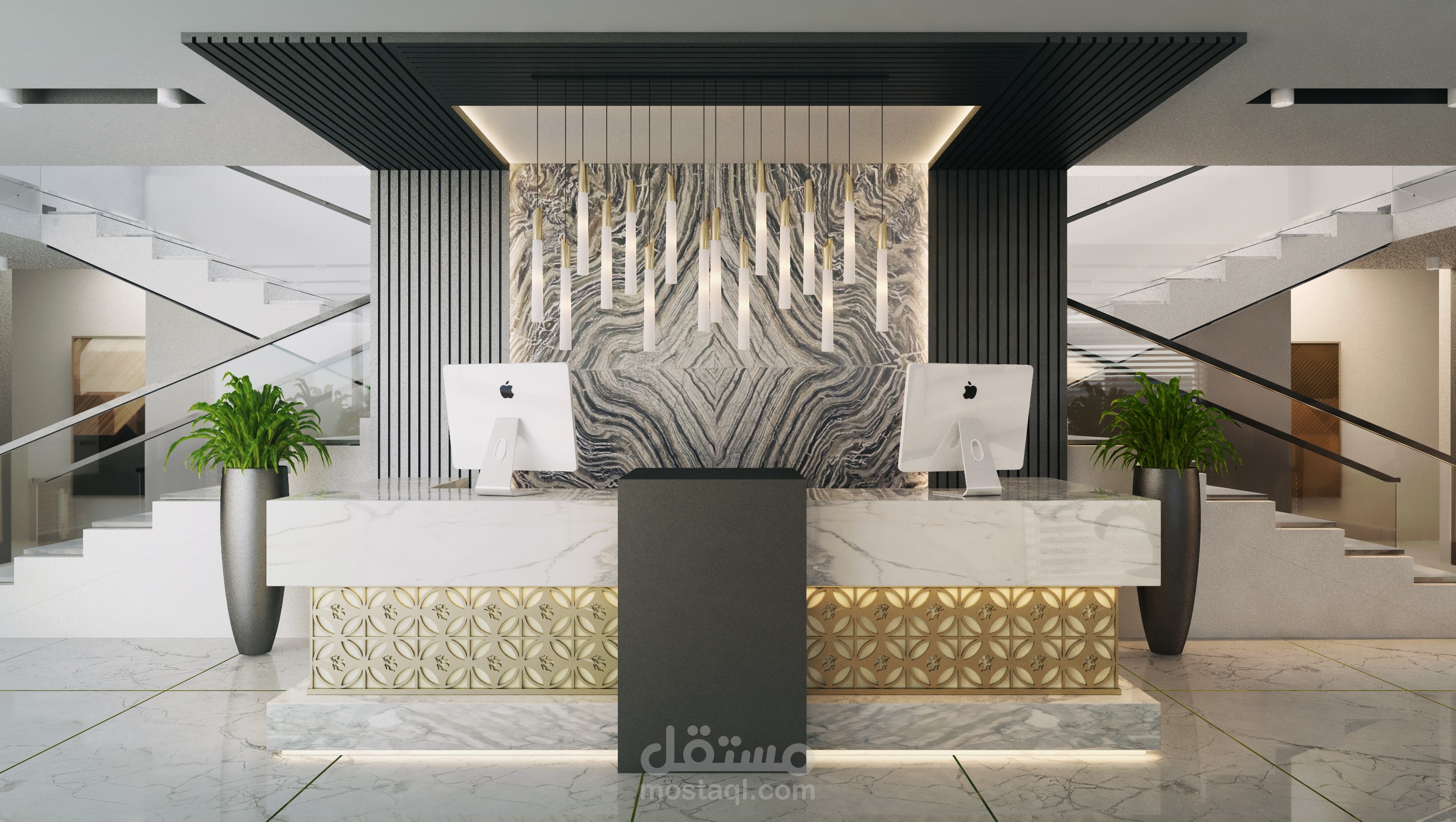 تصميم داخلي لفراغ استقبال لمقر شركة هندسية