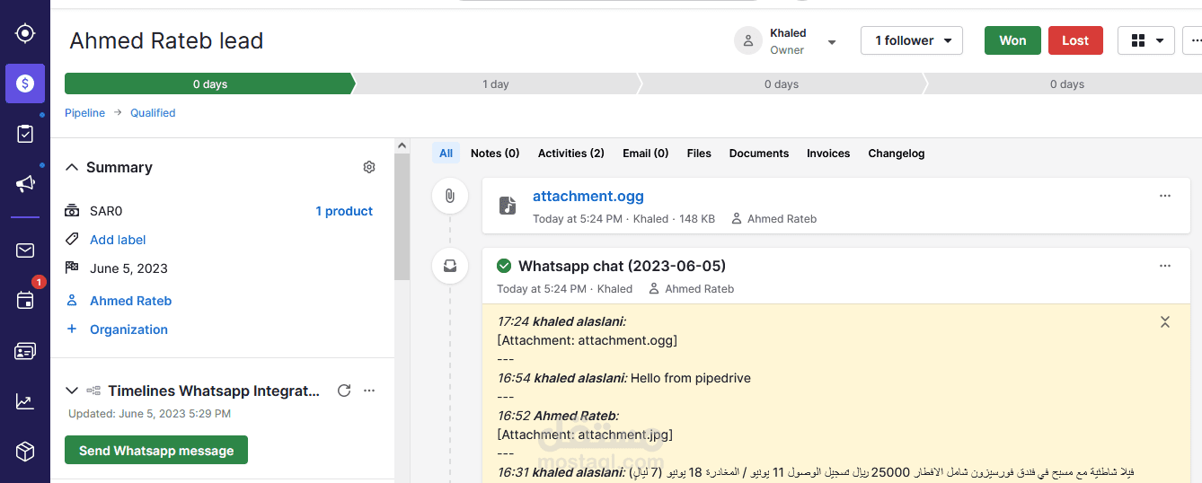 ربط برنامج الواتس اب ببرنامج pipdrive CRM  لشركه سياحيه