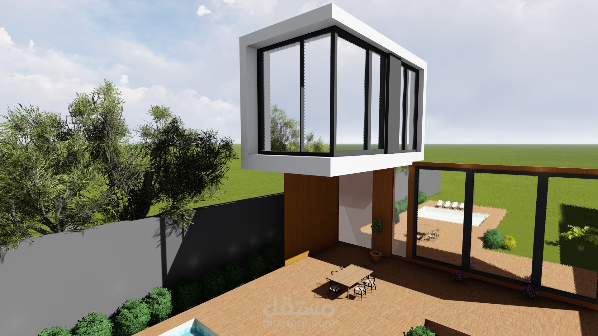 تصميم واجهة فيلا مع الفناء الخارجي