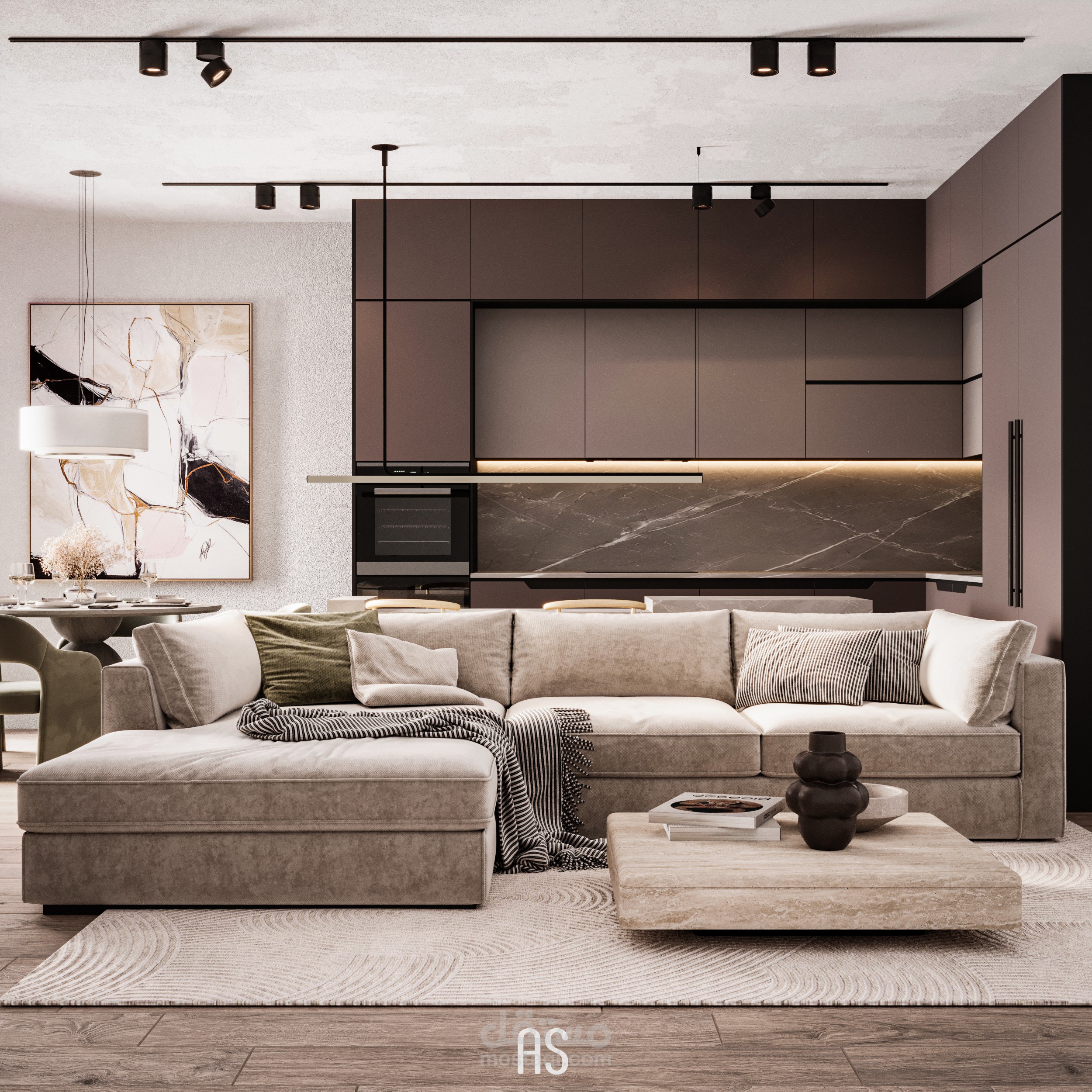 تصميم فراغ معيشة ومطبخ