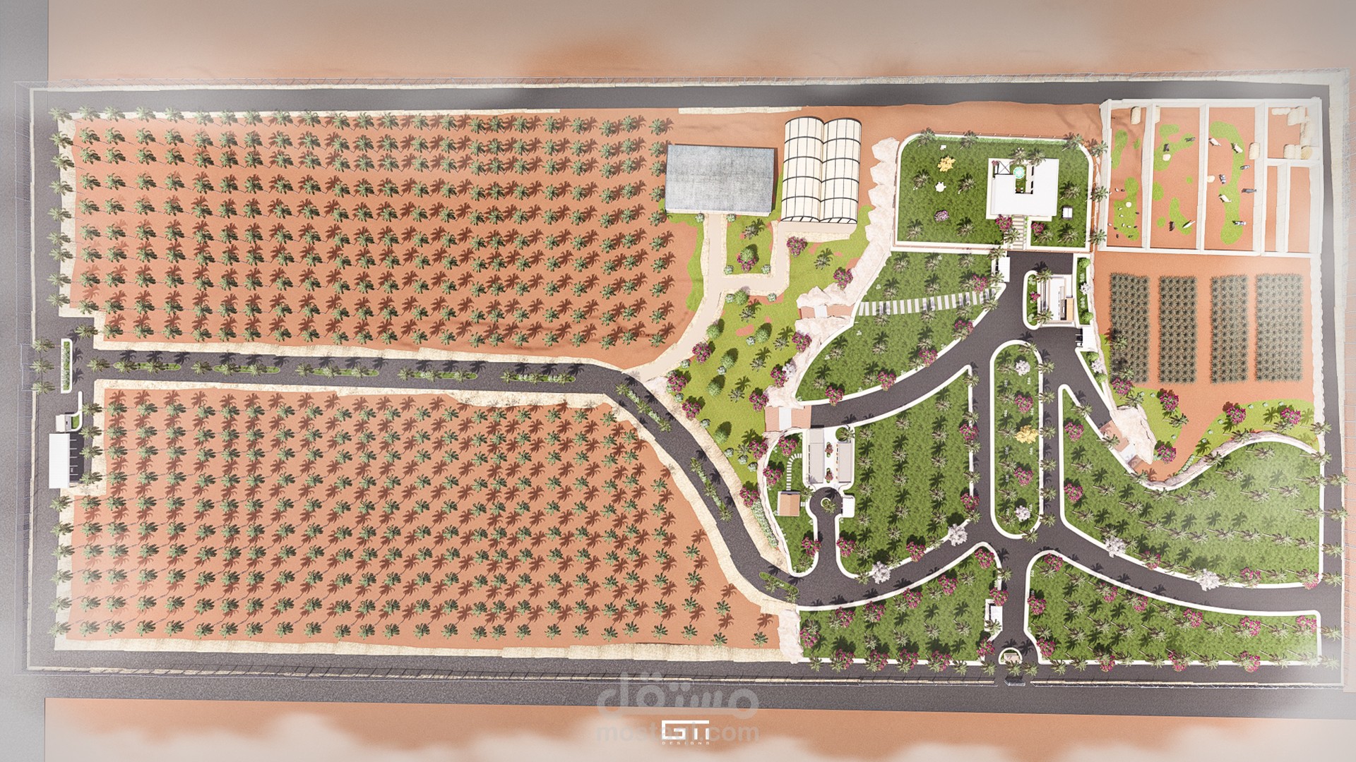 تصميم مزرعة نخيل مع منطقة سكنية للمزرعة