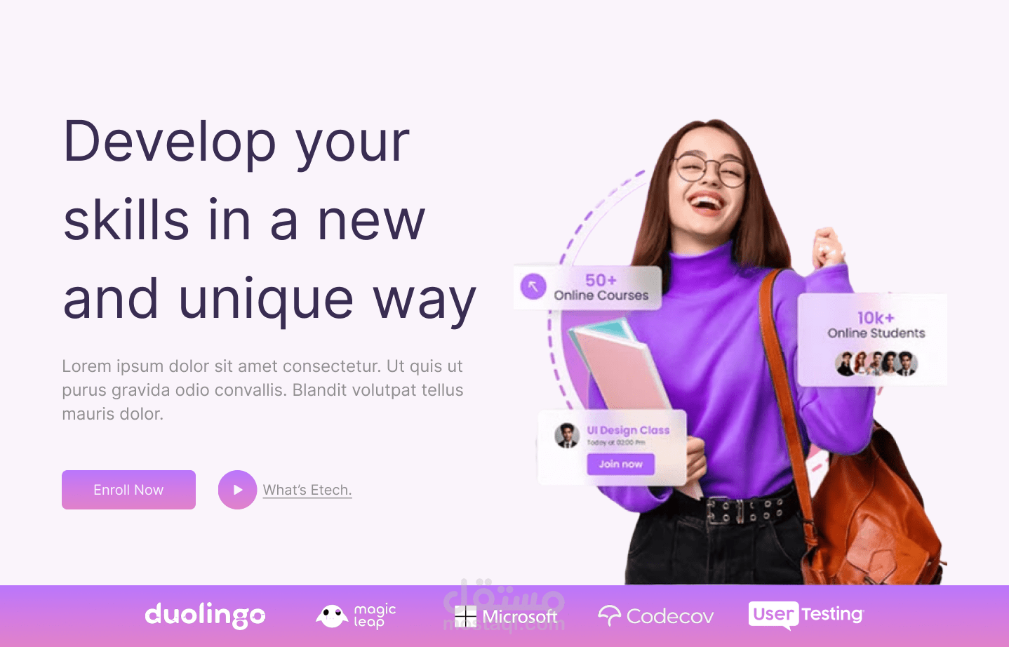 تصميم صفحة هبوط (Landing Page) احترافية لموقع دورات تدريبية.