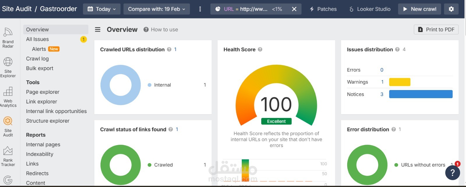 تحقيق النتيجة الكاملة (100) في تدقيق SEO شامل لموقع Gastroorder عبر Ahrefsقع