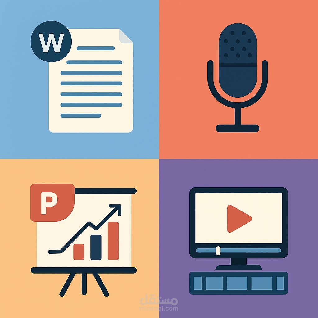 أقدّم خدمات متكاملة تشمل الكتابة الاحترافية على Word، تصميم عروض PowerPoint وخرائط ذهنية، التعليق الصوتي، ومونتاج الفيديوهات لإخراج محتوى واضح، جذاب، وجاهز للاستخدام باحتراف.