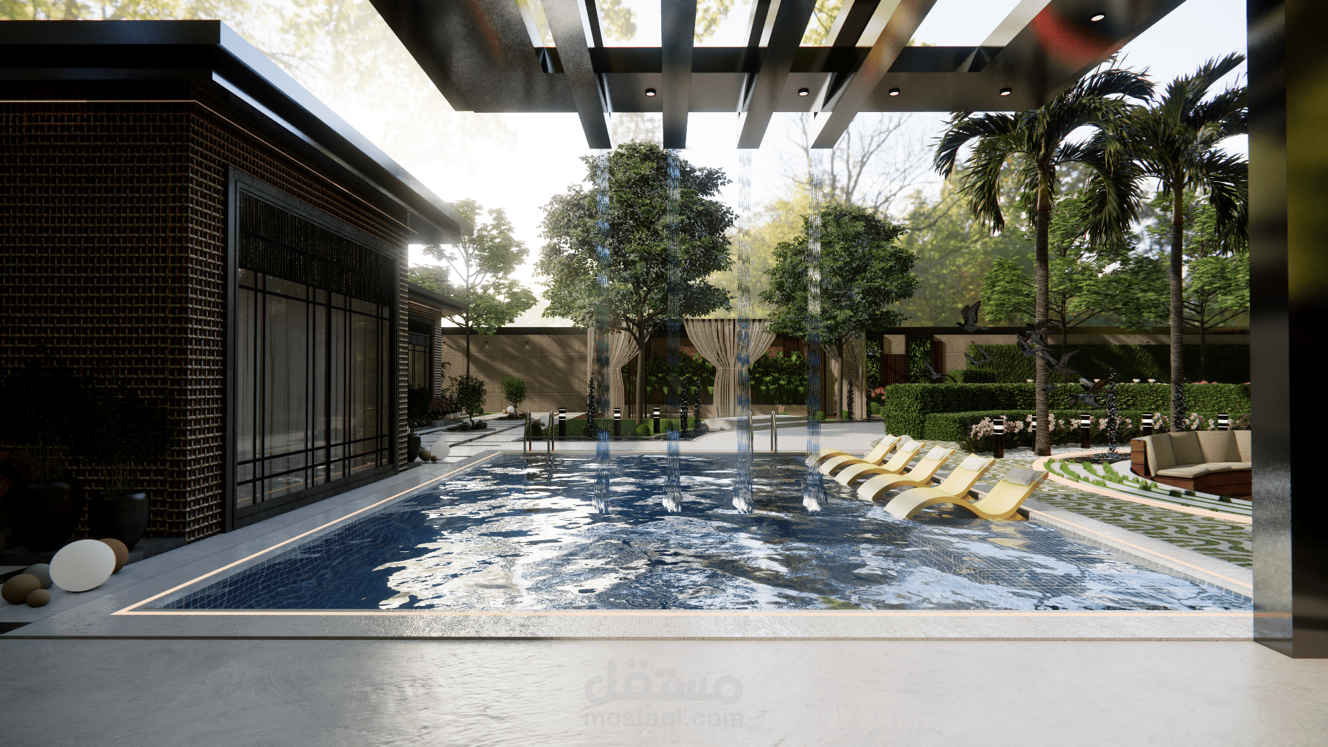تصميم حديث لحديقة خارجية مع واجهة معمارية