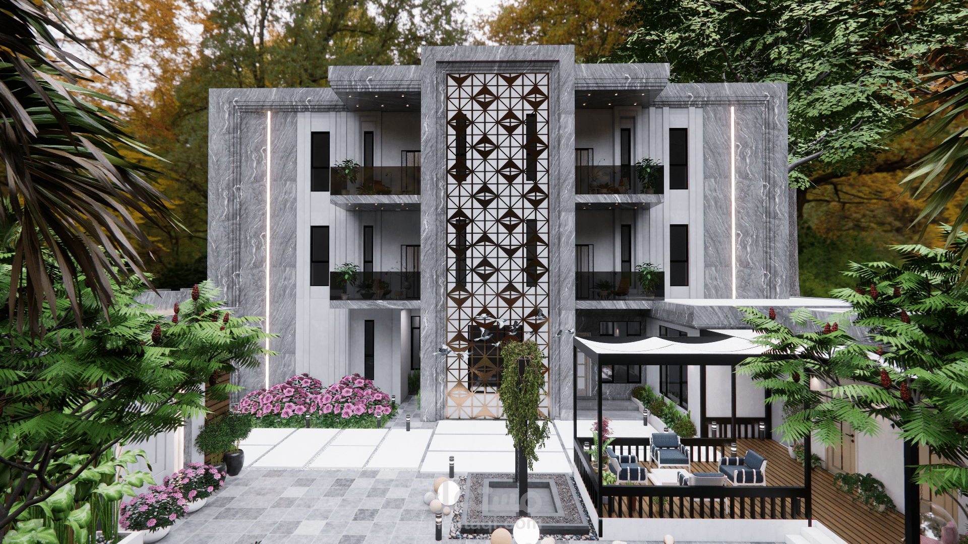 تصميم خارجي واجهة مع حديقة