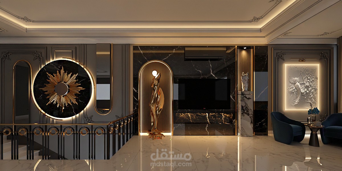تصميم داخلي لجدار شاشة وفراغ معيشة متكامل