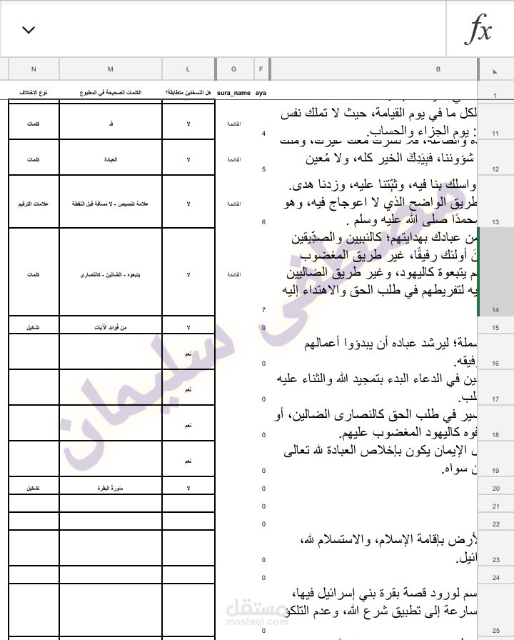 تدقيق لغوي لتفسير باستخدام الإكسل