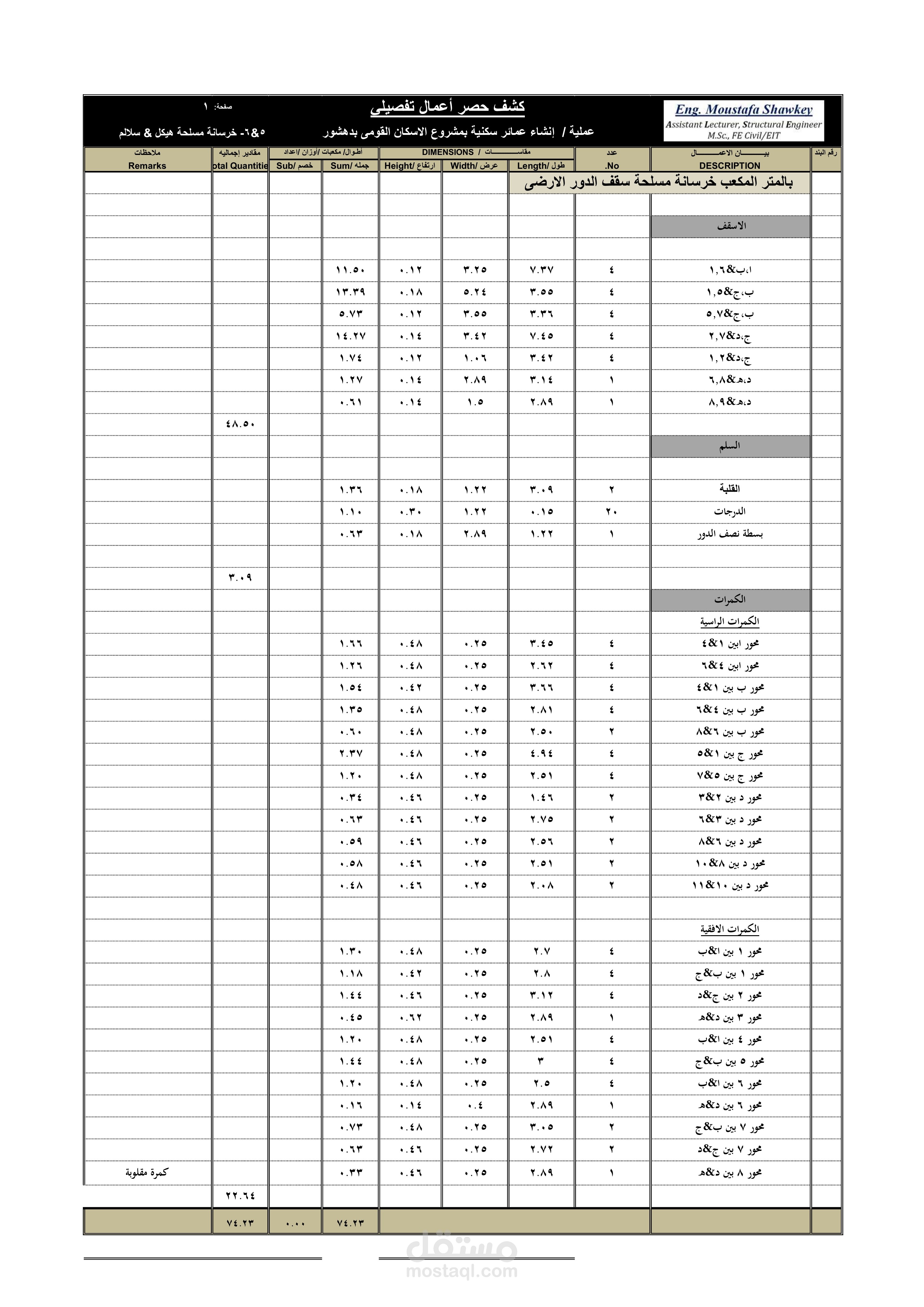 نموزج لحصر الاسقف الخرسانية المسلحة لاحد المشاريع بالسادس من اكتوبر - القاهرة