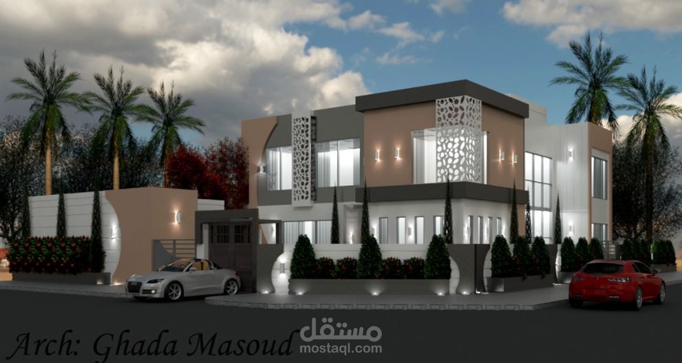 تصميم واجهة فيلا مع الجلسة الخارجية