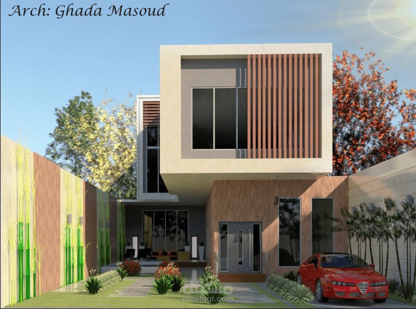 تصميم واجهة فيلا مع الحديقة والجلسة الخارجية والسور