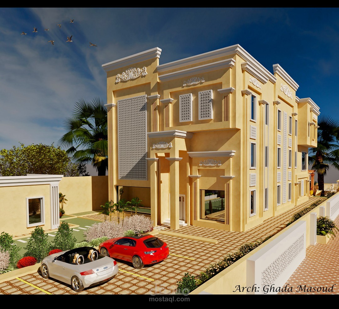 تصميم فيلا كلاسيكية مع الجلسة الخارجية