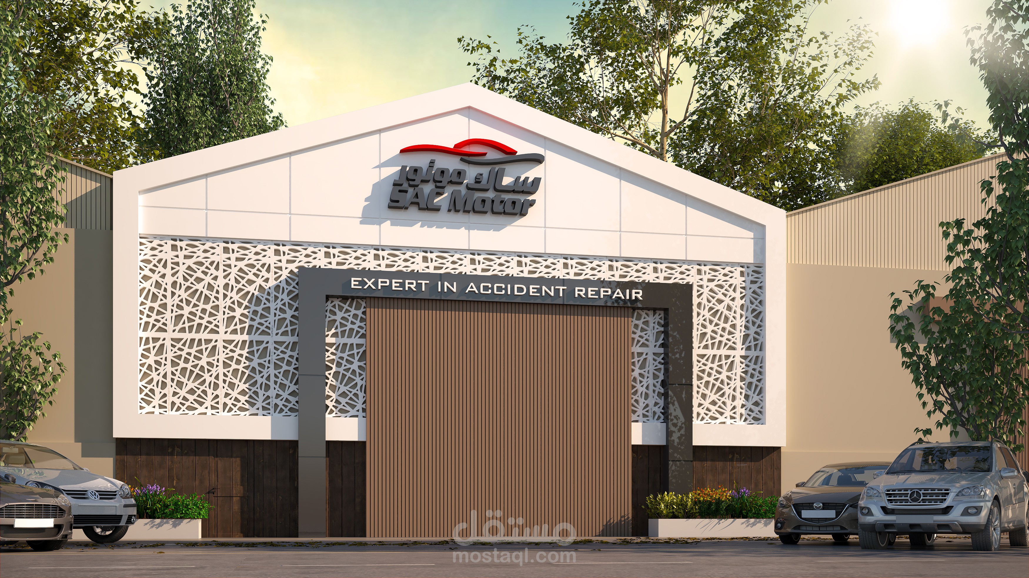تصميم واجهه خارجية لمركز صيانه سيارات على الطراز المودرن