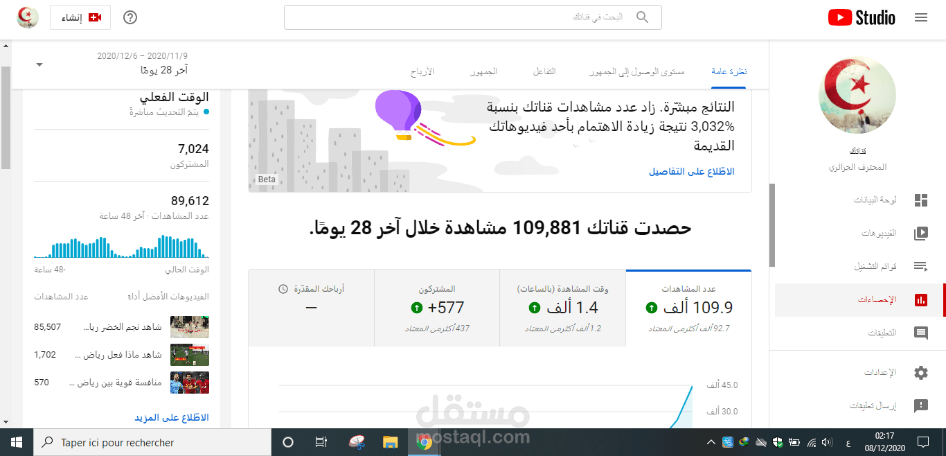احصائيات قناتي على اليوتيوب - أكثر من 85 ألف مشاهدة على فيديو في آخر 48 ساعة فقط