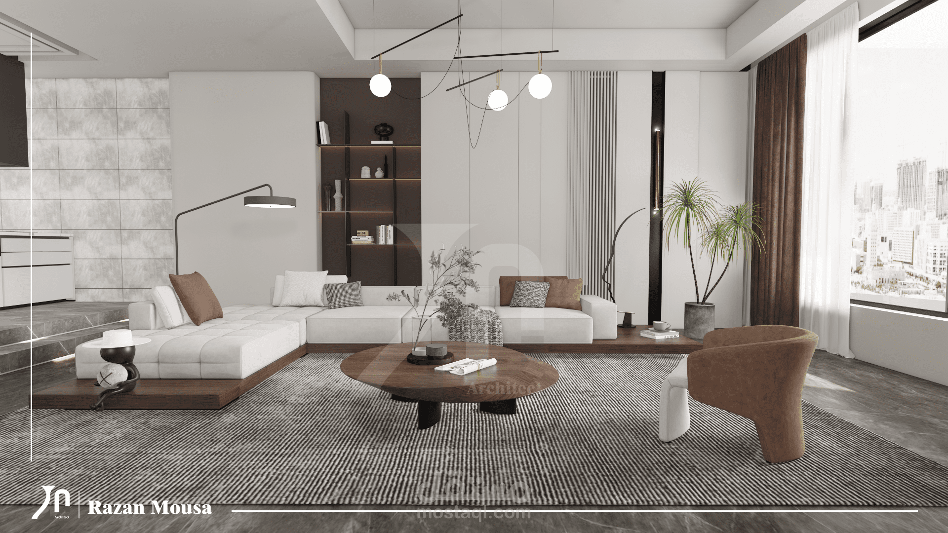 تصميم صالة معيشة لفيلا فاخرة (السعودية) | هندسة فراغية بنظام BIM