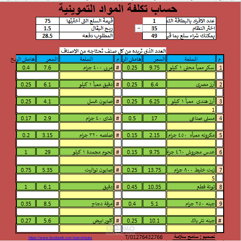 حساب تكلفة شراء المواد التموينة