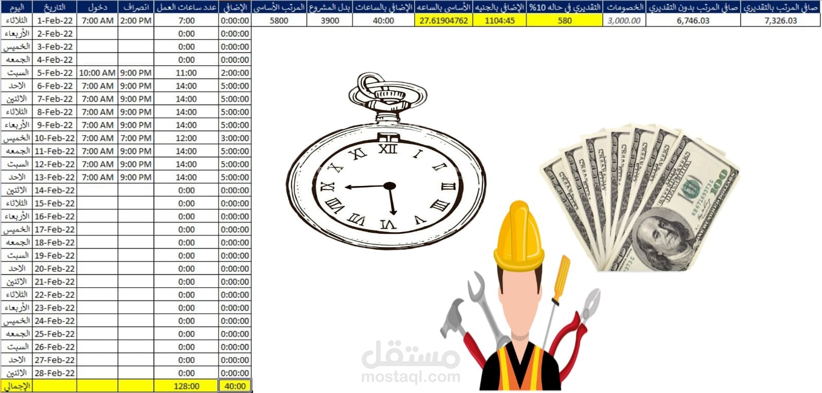 شيت اكسيل للحضور و الانصراف و حساب المرتب