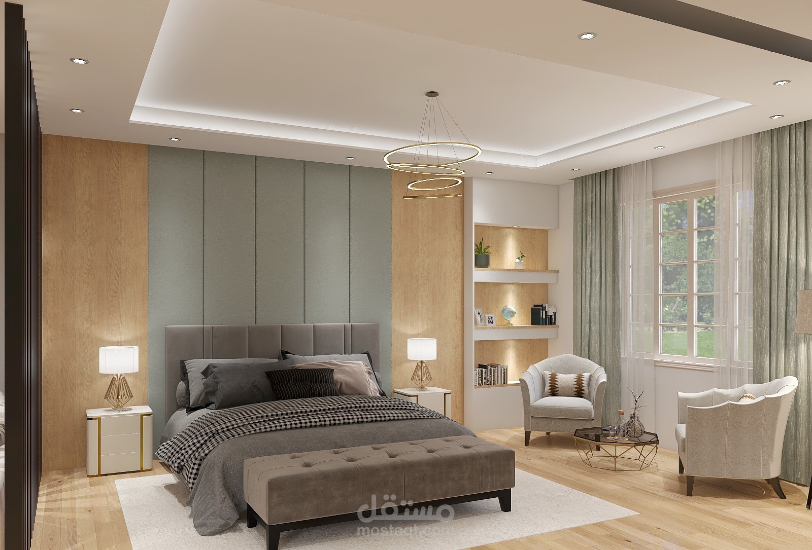 تصميم مودرن لغرفة ماستر و صالة بمطبخ مفتوح