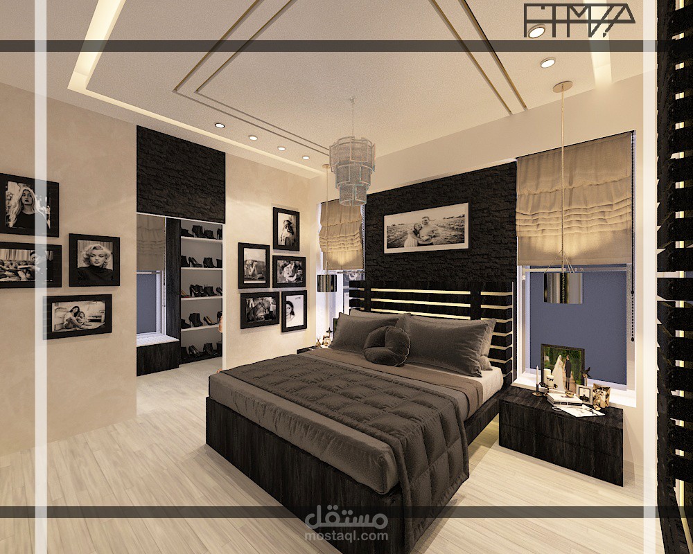 تصميم داخلي مودرن لغرفة نوم مع غرفة ملابس وحمام