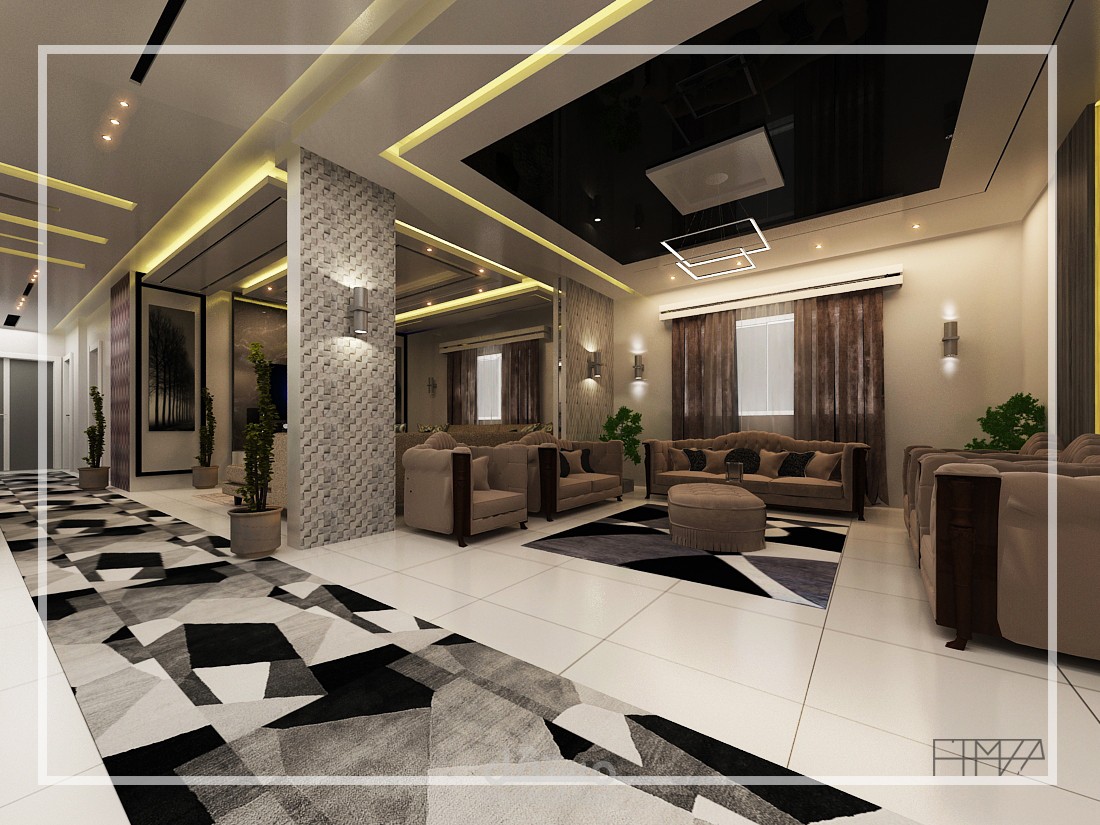 تصميم داخلي لمدخل مفتوح مع صالة معيشة وغرفة ضيوف